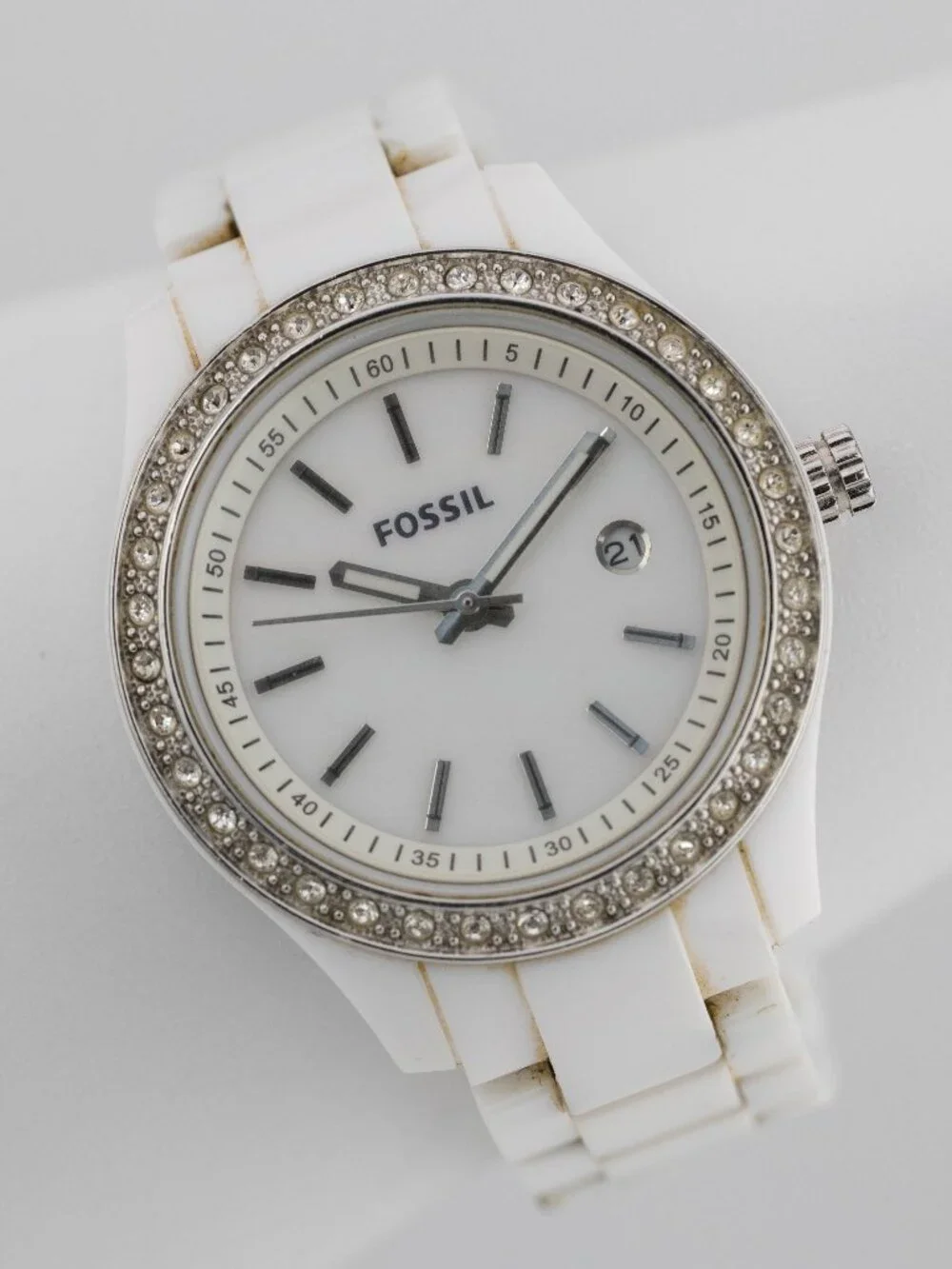 FOSSIL ES-2437 Stella White Resin Date Quartz Analog Women's Watch New Battery